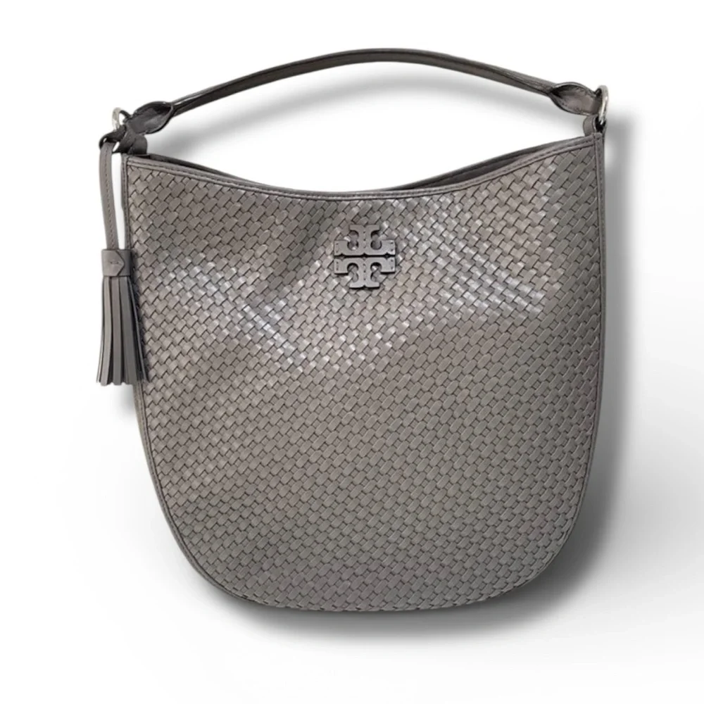Tory Burch Thea Woven Bucket Hobo in grey zinc color handbag top handle - Picture 1 of 14